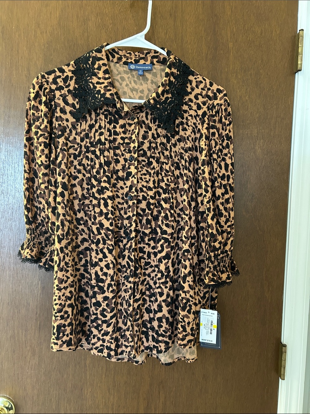 Democracy Tan and Black Leopard-Print Blouse with Lace Collar